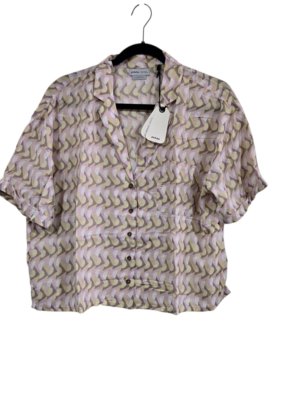 Prana Iguala Retro Geometric Button Down Short Sleeve Shirt Pink Taupe L New